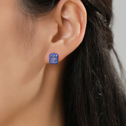 Luxury Sea Blue Ice Cut Cubic Zirconia Silver Stud Earring