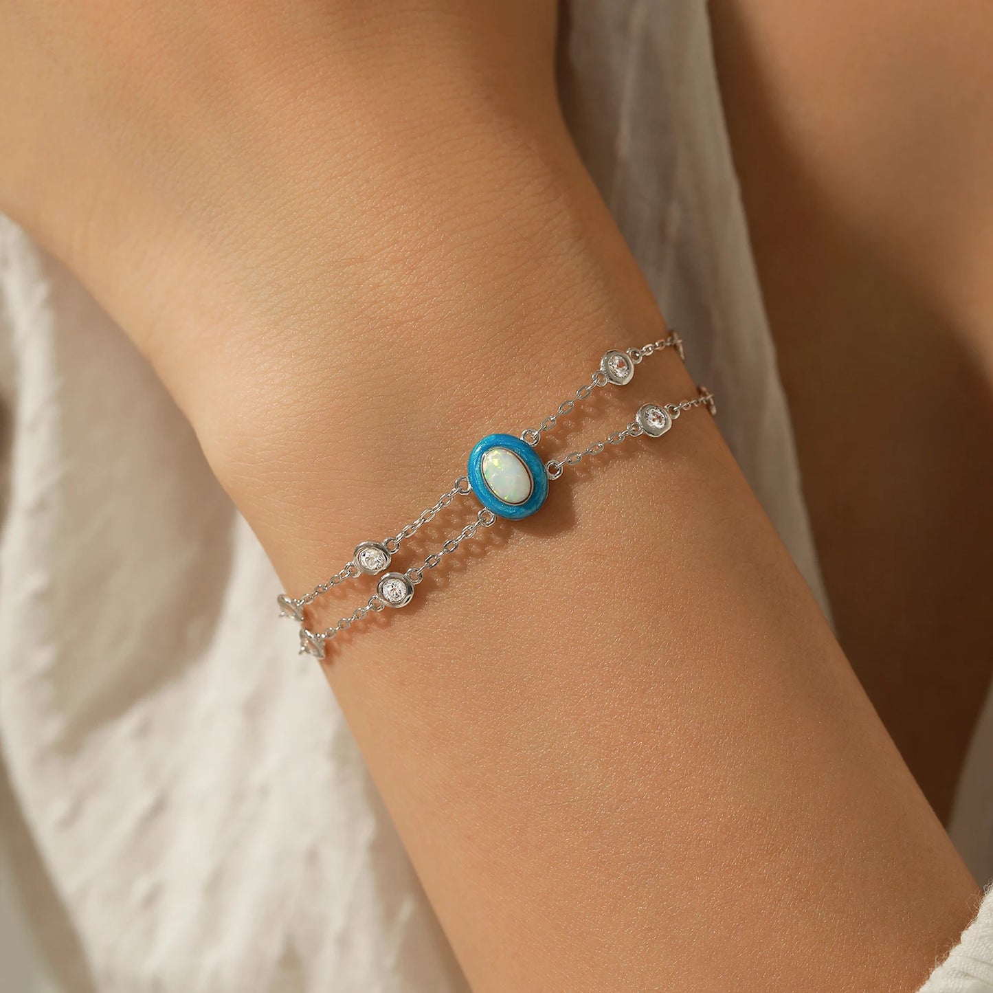 Sterling Silver Double Layer Opal Charm Bracelet