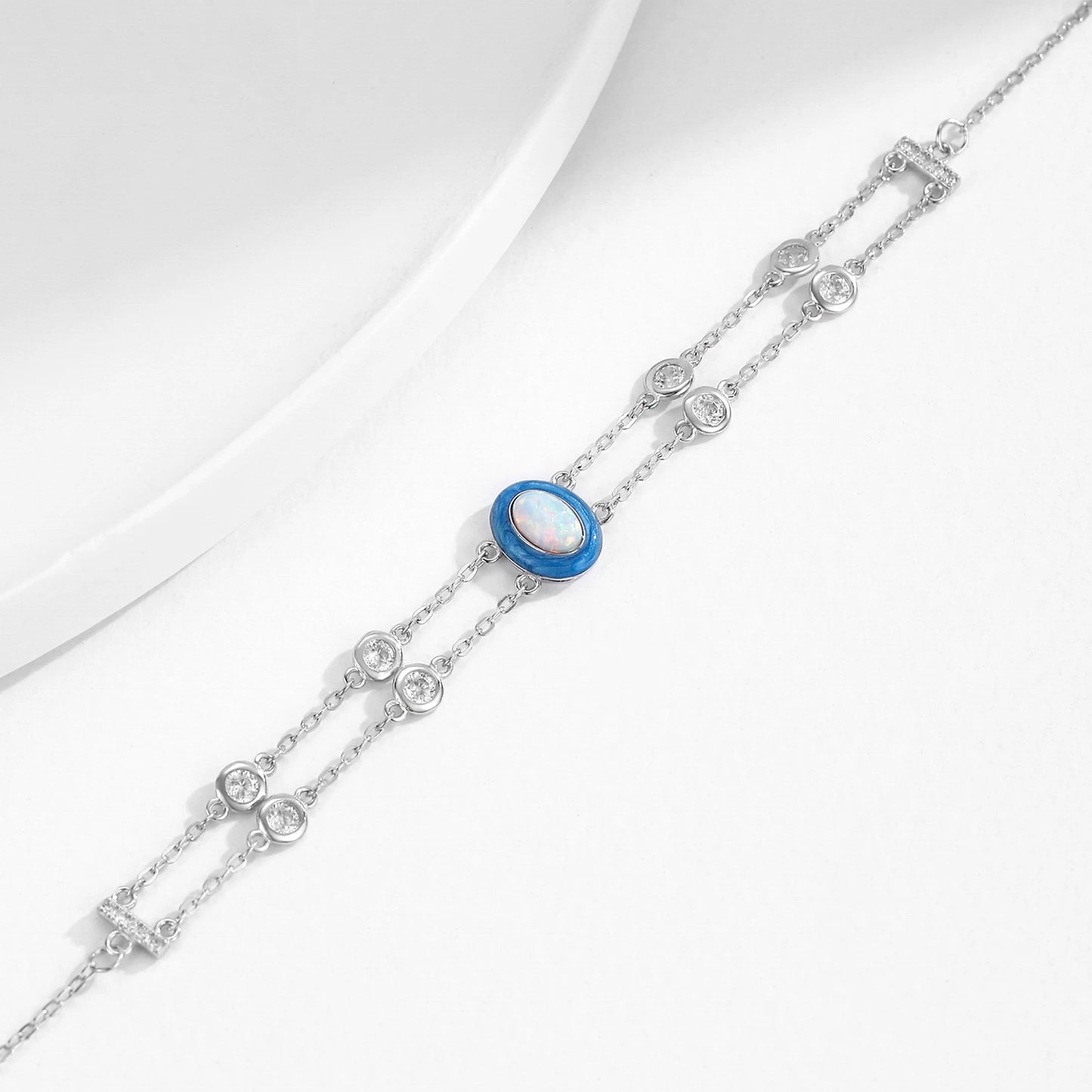 Sterling Silver Double Layer Opal Charm Bracelet