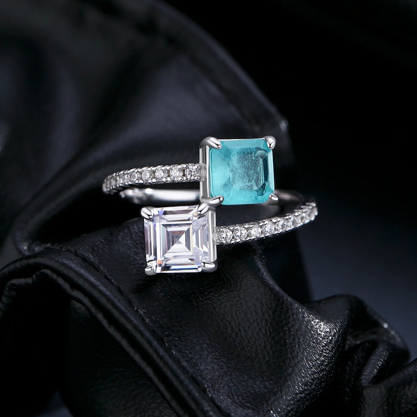 Sterling Silver Sparkling Square CZ Paraiba Tourmaline Ring