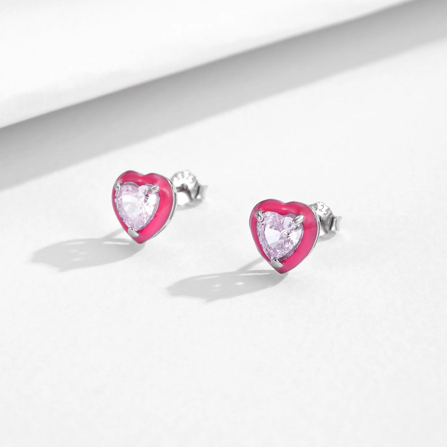 Sterling Silver Pink Heart Ice Cut Zircon Earrings